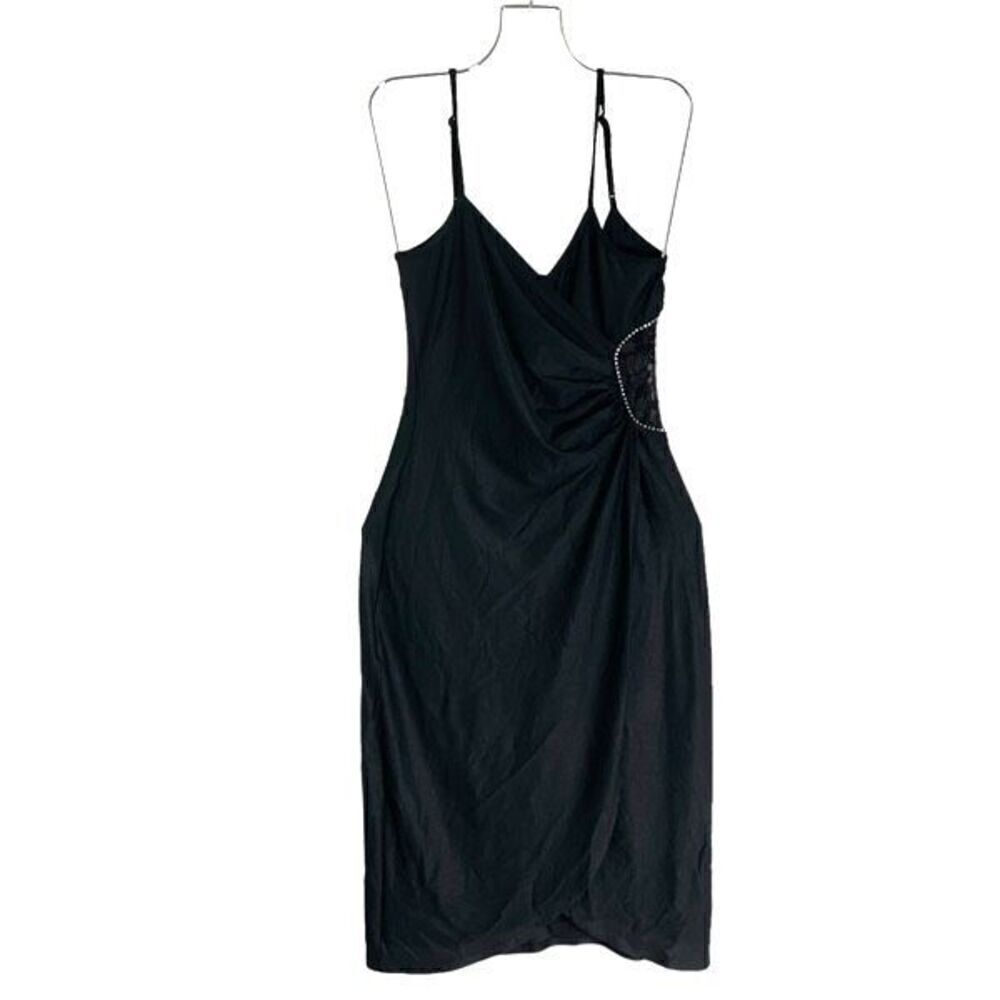 BEBE Vintage Y2K Sexy Black Wrap Look Dress Sheer Lace Rhinestones